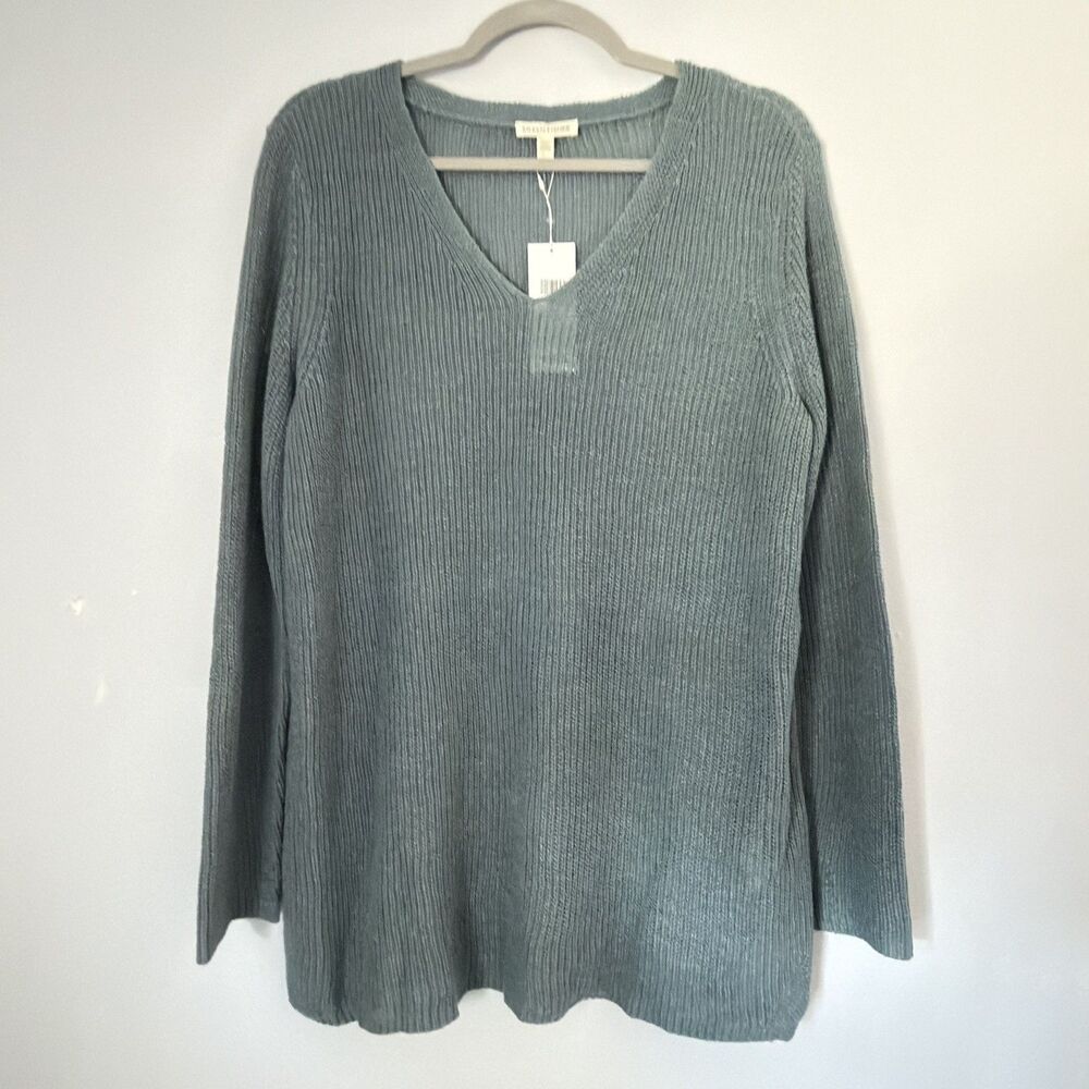Eileen Fisher M Knit Blue Gray V Neck Tunic Sweater Top NWT Linen